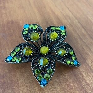 Vintage Golden Yellow and Peacock Blue Floral Brooch